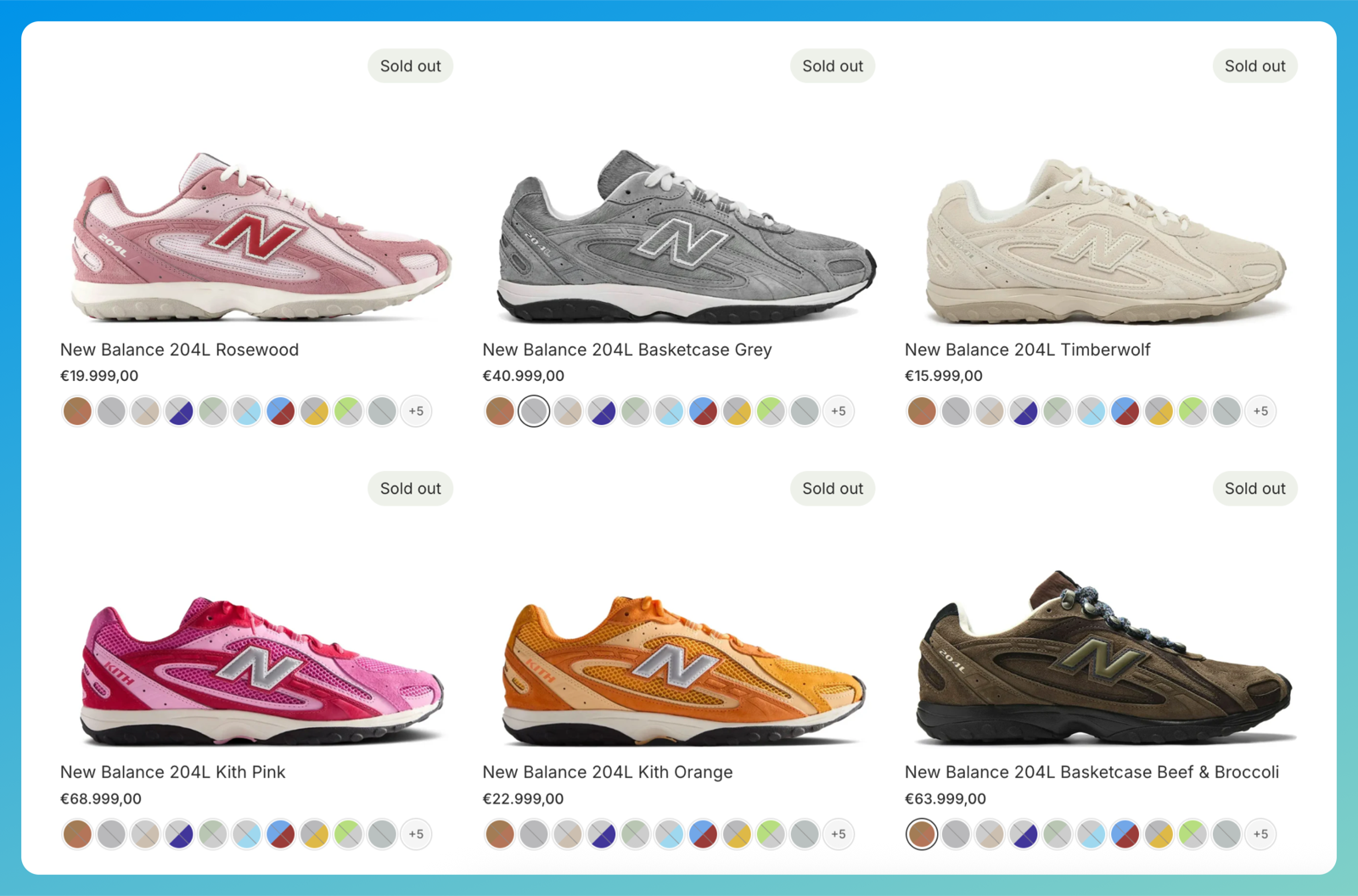 Shopify collection page showing six separate New Balance 204L product cards (Rosewood, Basketcase Grey, Timberwolf, Kith Pink, Kith Orange, Beef and Broccoli), each marked Sold out, each with its own color swatch row underneath.