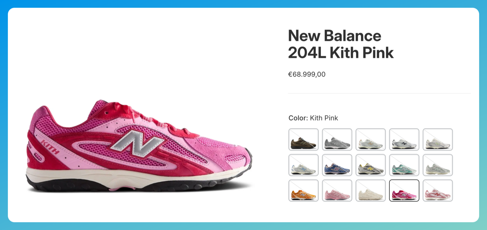 New Balance 204L Kith Pink product page. The Color option shows the full grid of fifteen swatches for the whole group, with Kith Pink highlighted as the current selection.