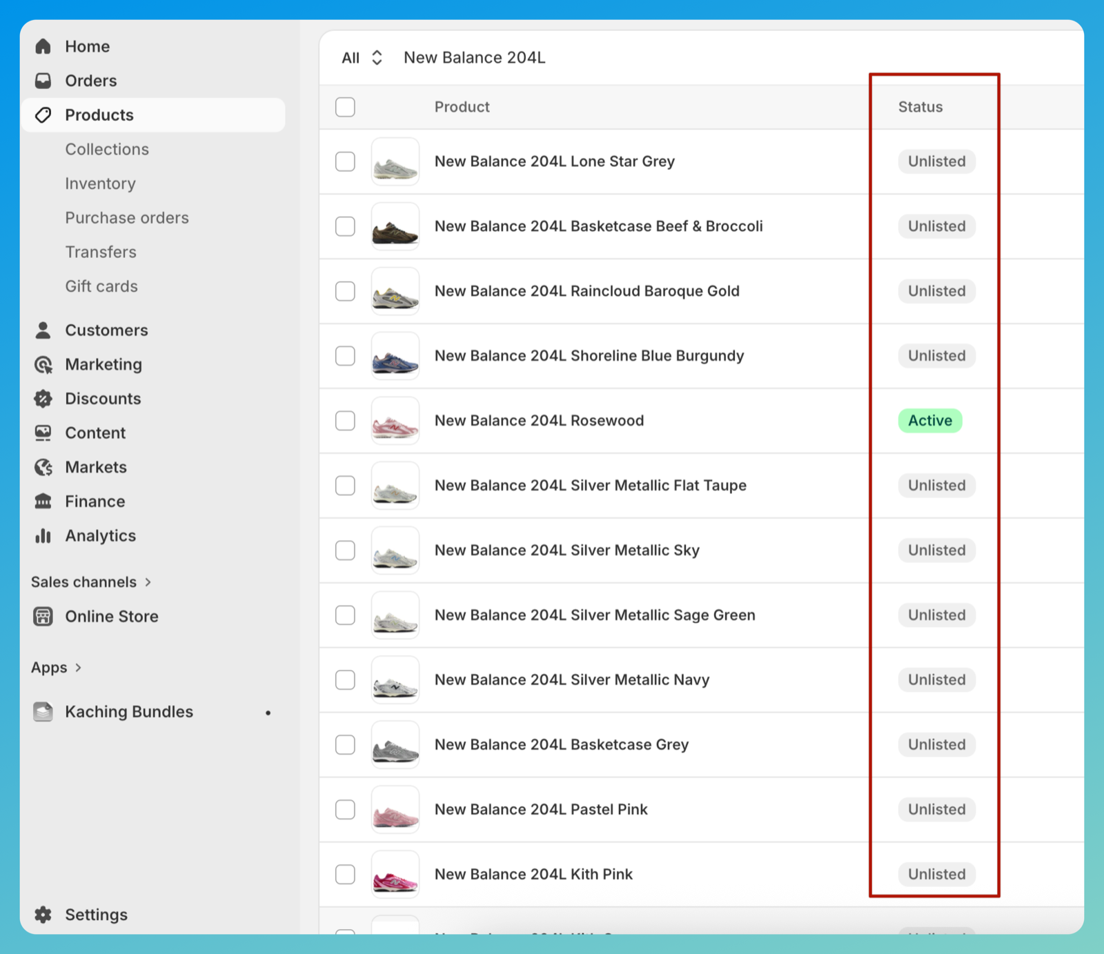 Shopify admin Products list filtered to New Balance 204L. The Status column is highlighted with a red box: every product reads Unlisted except New Balance 204L Rosewood, which reads Active.
